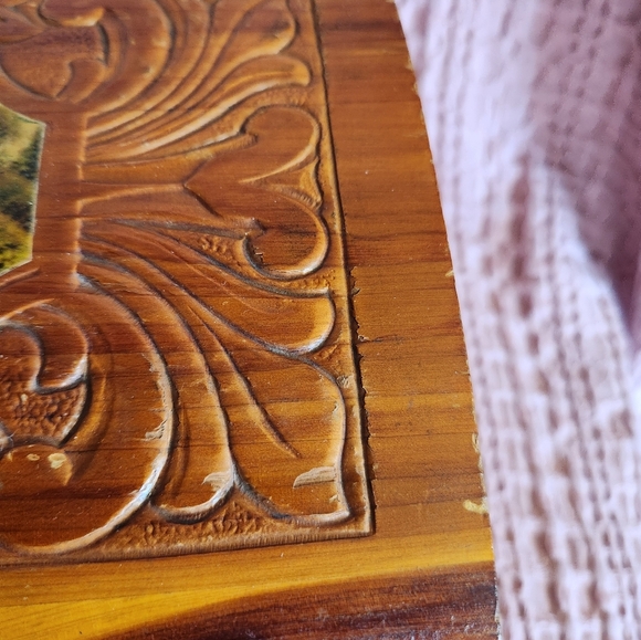 Vintage Handmade Carved Wood Vanity Cedar Wood Box w/ Painted Dome Lid & Mirror - Picture 3 of 15